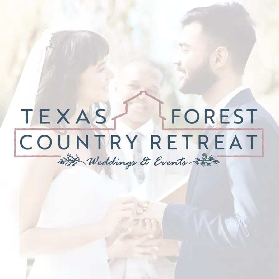Texas Forest Country Retreat logo over a wedding